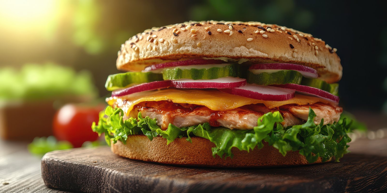 Delicious gourmet burger with fresh ingredients on wooden board at sunset